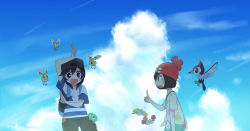 1boy 1girl :d backpack bag baseball_cap beanie black_hair black_headwear cloud cocoloco comfey commentary_request creatures_(company) cutiefly day elio_(pokemon) game_freak gen_6_pokemon gen_7_pokemon green_shorts hat index_finger_raised legendary_pokemon looking_at_another nintendo open_mouth outdoors pikipek pokemon pokemon_(creature) pokemon_sm red_headwear selene_(pokemon) shirt short_sleeves shorts sky smile striped_clothes striped_shirt sweatdrop tied_shirt zygarde zygarde_core