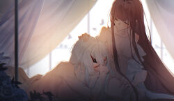 2girls absurdres bed bird breasts canopy_bed closed_eyes closed_mouth commentary_request counter:side hand_on_another&#039;s_head hickey highres incest large_breasts long_hair medium_breasts multiple_girls nanahara_chifuyu nanahara_chinatsu nude on_bed purple_hair shirt siblings sisters smile twitter_username white_hair white_shirt yorururu yuri