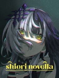 1girl black_choker black_hair character_name choker commentary english_commentary grey_hair hair_ornament highres hololive hololive_english long_hair looking_at_viewer monchihan multicolored_hair parted_lips shiori_novella shiori_novella_(1st_costume) solo split-color_hair two-tone_hair virtual_youtuber yellow_eyes