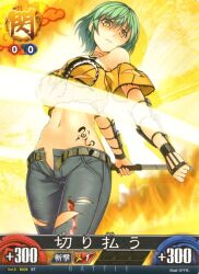 1girl belt dagger denim groin jeans knife midriff navel open_fly pants senran_kagura tagme tattoo torn_clothes weapon