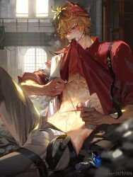 1boy abs belt biting biting_clothes blood blue_eyes blurry blush chest_harness clothes_lift depth_of_field first_aid from_side frown genshin_impact harness knee_up leaning_back looking_down male_focus mask mask_on_head on_floor one_eye_closed open_belt open_pants orange_hair pants pectoral_cleavage pectorals red_shirt runa_(nori31291404) scar scar_on_stomach shirt shirt_lift sleeves_rolled_up surgery tartaglia_(genshin_impact) window