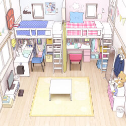 bra curtains desk dressing fixed-point_camera full_body highres indoors kiyo_(kyokyo1220) loft_bed male_underwear no_humans ootani_shouhei original panties shirt standing television time_lapse underwear white_bra white_male_underwear white_panties white_shirt window