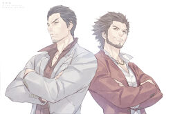 Rule 34 | 2boys, afro, back-to-back, beard, black hair, brown hair, collared shirt, crossed arms, facial hair, formal clothes, goatee, jacket, jewelry, kasuga ichiban, kiryu kazuma, locked arms, looking at viewer, male focus, multiple boys, necklace, pants, red jacket, red shirt, ryuu ga gotoku (series), ryuu ga gotoku 7, shirt, short hair, smile, suit, talgi, upper body, white shirt, white suit, yakuza