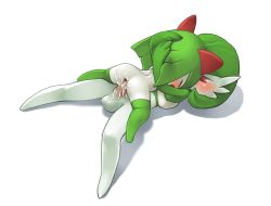 1boy 1girl anus ass blush closed_eyes colored_skin cowgirl_position cum cum_in_pussy cum_on_ass cum_on_body erection gaping gardevoir gen_3_pokemon girl_on_top green_hair green_thighhighs half-closed_eyes hetero horns hug kirlia loli lying nintendo no_humans on_back open_mouth penis pokemon pokemon_(creature) pussy red_eyes sex simple_background straddling tears thighhighs tosx vaginal white_background white_skin