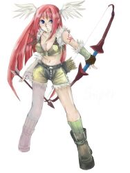 1girl alice_(afternoon_gleam) arrow_(projectile) bad_source black_shirt black_shorts blue_eyes boots bow_(weapon) breasts brown_boots brown_gloves cleavage crop_top fake_wings feathered_wings fingerless_gloves full_body fur-trimmed_gloves fur-trimmed_shirt fur-trimmed_shorts fur_trim gloves green_gloves green_socks head_wings holding holding_arrow holding_bow_(weapon) holding_weapon long_hair looking_at_viewer medium_breasts midriff navel open_mouth pink_hair pointy_ears quiver ragnarok_online shirt shorts simple_background sleeveless sleeveless_shirt sniper_(ragnarok_online) socks solo two-tone_gloves two-tone_shirt two-tone_shorts weapon white_background white_wings wings yellow_shirt yellow_shorts