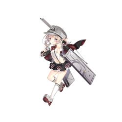 1girl armpits braid breasts cannon cape faa_di_bruno_(warship_girls_r) female_focus full_body garter_belt hat medium_hair midriff navel official_art purple_eyes saru shield shoes side_braid silver_hair small_breasts socks solo standing transparent_background warship_girls_r