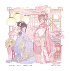 2024 2girls alternate_costume alternate_hairstyle antenna_hair artist_name biwa_lute black_hair blue_dress blue_jacket blunt_bangs bonsai brown_hair butterfly_hair_ornament butterfly_ornament cardcaptor_sakura chinese_clothes chinese_zodiac commentary daidouji_tomoyo dragon dress earrings eastern_dragon english_commentary english_text flower flute frilled_dress frills full_body gold_trim green_eyes hair_flower hair_ornament hanfu hanging_lantern holding holding_flute holding_instrument instrument jacket japanese_clothes jewelry kimono kinomoto_sakura lattice long_sleeves looking_at_viewer lotus lute_(instrument) mixed-language_commentary multiple_girls pink_flower pink_kimono plant potted_plant purple_eyes qixiong_ruqun ririfa sidelocks sitting smile standing tassel tassel_hair_ornament twintails updo vase white_background wide_sleeves yaopei year_of_the_dragon yellow_flower