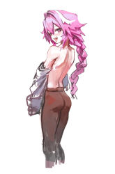 1boy absurdres ass astolfo_(fate) bare_back bare_shoulders black_pants blush braid domira1234 fate/apocrypha fate_(series) heart heart-shaped_pupils highres long_hair male_focus multicolored_hair open_mouth pants pink_hair simple_background single_braid smile solo streaked_hair symbol-shaped_pupils trap white_background