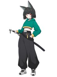 1girl absurdres adapted_costume alternate_hair_length alternate_hairstyle animal_ear_fluff animal_ears arutemisu180 baggy_pants belt belt_buckle black_hair black_pants blunt_bangs buckle closed_mouth commentary cropped_sweater dot_mouth expressionless fox_ears fox_girl full_body green_hoodie hand_in_pocket highres holding holding_weapon hood hood_down hooded_sweater hoodie hoshimi_miyabi looking_at_viewer midriff pants red_eyes sheath sheathed shoes short_hair sneakers solo sweater weapon white_background white_shoes zenless_zone_zero