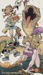 Rule 34 | 3girls, 4boys, adjusting eyewear, anniversary, armor, artificial eye, ayla (chrono trigger), blonde hair, blue tunic, bow (weapon), breastplate, breasts, cape, chrono trigger, colored sclera, crono (chrono trigger), cross-shaped pupils, crossbow, fangs, frog boy, fur (clothing), fur wrist cuffs, glasses, grey fur, grey pants, hammer, headband, holding, holding scythe, holding shield, holding sword, holding weapon, jumpsuit, katana, lucca ashtear, magus (chrono trigger), mechanical arms, mechanical eye, mechanical legs, medium breasts, multiple boys, multiple girls, outstretched arms, outstretched legs, pants, ponytail, purple hair, red cape, red hair, robo (chrono trigger), robot, romper, scarf, scythe, sharp na ago, shield, signature, snake, spiked hair, sweatdrop, sword, symbol-shaped pupils, tongue, tongue out, tunic, weapon, white headband, white jumpsuit, white pants, white romper, wrist cuffs, yellow pants, yellow scarf, yellow sclera