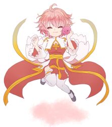 1girl :3 ahoge arch_bishop_(ragnarok_online) black_shoes blush breasts closed_eyes closed_mouth commentary_request cross dress frilled_thighhighs frills full_body high_heels juliet_sleeves jumping long_sleeves medium_breasts pink_hair poring puffy_sleeves ragnarok_online red_dress sasamuke_pika sash shoes short_hair simple_background slime_(creature) smile solo thighhighs two-tone_dress white_background white_dress white_thighhighs yellow_sash