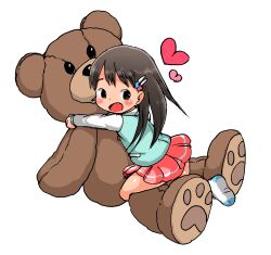 Rule 34 | 1girl, blush, brown eyes, brown hair, fang, from behind, green shirt, hair ornament, hairclip, heart, highres, hug, hugging object, kneeling, leaning forward, long hair, looking back, miniskirt, open mouth, original, pink skirt, shirt, skirt, smile, socks, solo, stuffed animal, stuffed toy, teddy bear, umekko, white socks