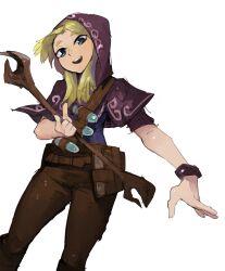 1girl :d bad_id bad_tumblr_id belt blonde_hair blue_eyes blue_shirt book bracelet brown_belt brown_pants capelet feet_out_of_frame highres holding holding_staff hood hood_up hooded_capelet jewelry league_of_legends legs_apart long_hair lux_(league_of_legends) open_mouth pants purple_capelet raichiyo shirt simple_background smile solo spellthief_lux staff standing teeth upper_teeth_only white_background