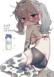 1girl animal_print aozora_kyoka ass back bikini blush breasts cow_horns cow_print cow_print_bikini cow_print_gloves cow_print_thighhighs cow_tail glasses gloves grey_hair highres horns long_hair medium_breasts original print_bikini print_gloves print_thighhighs short_shorts shorts sideboob simple_background swimsuit tail thighhighs twintails white_background yasashii_naizou