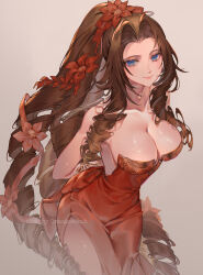 Rule 34 | 1girl, aerith gainsborough, aerith gainsborough (red dress), artist name, bare shoulders, blue eyes, breasts, brown hair, cleavage, collarbone, cowboy shot, dress, final fantasy, final fantasy vii, final fantasy vii rebirth, final fantasy vii remake, flower, hair flower, hair ornament, highres, large breasts, long hair, looking at viewer, orange sekaii, red dress, simple background, smile, solo, very long hair