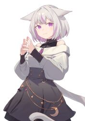 Rule 34 | 1girl, :3, animal ear fluff, animal ears, black shirt, black skirt, cat ears, cat girl, cat tail, colored inner hair, cowboy shot, crescent pendant, ears down, high-waist skirt, highres, indie virtual youtuber, looking to the side, mishiro mao, multicolored hair, off-shoulder sweater, off shoulder, peroncho, purple eyes, purple hair, purple nails, shirt, short hair, skirt, sleeveless, sleeveless shirt, slit pupils, solo, star pendant, steepled fingers, streaked hair, sweater, sweater tucked in, tail, turtleneck, turtleneck shirt, virtual youtuber, wallet chain, white background, white hair, white sweater, white tail, zipper pull tab