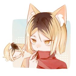 Rule 34 | 1boy, animal ear fluff, animal ears, between fingers, blonde hair, blunt ends, bob cut, brown hair, cat boy, cat ears, chibi, chibi inset, chinese commentary, closed eyes, commentary request, covered mouth, cropped shoulders, dotted background, facing viewer, haikyuu!!, hand up, holding, jacket, kemonomimi mode, kozume kenma, looking ahead, male focus, multicolored hair, parted bangs, popped collar, red jacket, roots (hair), short hair, single ear down, slit pupils, solo, tong tian cheese, tsurime, two-tone hair, yellow eyes, zipper, zipper pull tab