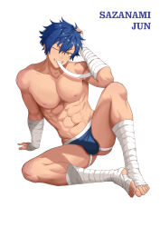 1boy abs absurdres arm_support ass bandaged_arm bandaged_leg bandages biting blue_hair blue_male_underwear bulge character_name collarbone commentary_request ensemble_stars! highres jockstrap kogatetora looking_at_viewer male_focus male_underwear muscular muscular_male navel nipples one_eye_closed pectorals sazanami_jun simple_background sitting teeth underwear underwear_only v-shaped_eyebrows white_background yellow_eyes