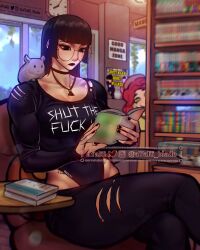 2girls absurdres animal animal_on_shoulder artist_name ayaki_blade black_choker black_eyes black_hair black_leotard black_nails black_pants blunt_bangs blur_censor bocchi_the_rock! book bookshelf bookstore breasts censored chinchilla_(animal) choker cleavage clock commentary commentary_request crossed_legs english_commentary english_text gotoh_hitori green_eyes groin hat highleg highleg_leotard highres holding holding_book komi-san_wa_komyushou_desu komi_shouko leotard leotard_under_clothes manga_(object) medium_breasts mixed-language_commentary multiple_girls original pants poster_(object) reading red-haired_girl_(ayaki) red_hair shop sylense_(ayaki) sylense_(ayaki_blade) torn_clothes torn_pants twitter_username watermark window