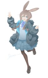 1girl :d absurdres amiya_(arknights) animal_ears arknights arm_up artist_name ascot black_jacket black_shoes blue_eyes blue_skirt brown_hair brown_pantyhose chinese_commentary commentary_request devouers highres jacket leg_up long_hair long_sleeves looking_at_viewer open_clothes open_jacket open_mouth pantyhose puffy_long_sleeves puffy_sleeves purple_ascot round_teeth shoes sidelocks signature simple_background skirt smile solo standing standing_on_one_leg teeth upper_teeth_only v white_background