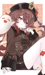 1girl black_hat black_shorts boo_tao_(genshin_impact) brown_hair brown_shirt closed_mouth flower-shaped_pupils genshin_impact hand_up hat highres hu_tao_(genshin_impact) jewelry long_sleeves looking_at_viewer multiple_rings red_eyes ring shirt short_shorts shorts sitting socks solo symbol-shaped_pupils ustya_0 white_socks