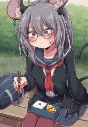 Rule 34 | 1girl, alternate costume, animal ears, arm at side, bag, bandaid, bandaid on cheek, bandaid on face, bench, bento, bespectacled, blurry, blurry background, blush, buttons, cardigan, casual, cheese, chopsticks, closed mouth, contemporary, day, double-parted bangs, earrings, fingernails, food, furrowed brow, glasses, hair between eyes, highres, holding, holding chopsticks, jewelry, long fingernails, long sleeves, miniskirt, mouse ears, mouse girl, mouse tail, nazrin, on bench, open cardigan, open clothes, outdoors, pants, pants under skirt, red nails, rice, sailor collar, school uniform, serafuku, shirt, single earring, sitting, siw0n, skirt, solo, tail, textless version, touhou, track pants, unbuttoned