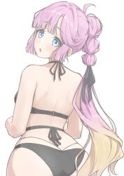 1girl absurdres anyoji_hime ass back bare_shoulders bikini black_bikini black_ribbon blue_eyes blush braid braided_ponytail breasts hair_ribbon halterneck highres link!_like!_love_live! long_hair looking_at_viewer love_live! median_furrow open_mouth pink_hair ribbon shoulder_blades simple_background solo swimsuit white_background zacuro