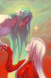 2girls armor armored_dress armored_gloves bare_shoulders bent_over blonde_hair closed_eyes closed_mouth dress edelgard_von_hresvelg edelgard_von_hresvelg_(timeskip) fire_emblem fire_emblem:_three_houses flower from_side gloves gradient_background gradient_hair green_background green_hair hair_down hair_flower hair_ornament hair_over_eyes highres holding_hands leaning_forward long_sleeves looking_up mlkywy multicolored_hair multiple_girls nintendo off_shoulder out_of_frame parted_lips pink_lips red_dress red_lips rhea_(fire_emblem) shade star_(symbol) two-tone_background upper_body wavy_hair white_flower yuri