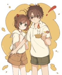 ! 1boy 1girl blush brown_eyes brown_hair brown_shorts candle cardcaptor_sakura closed_mouth cowboy_shot drawstring green_eyes green_shorts hair_bobbles hair_ornament hands_on_own_chest highres holding holding_candle hood hood_down hoodie kinomoto_sakura looking_at_viewer mizu_0401 shirt short_hair short_sleeves shorts tears two_side_up white_hoodie white_shirt