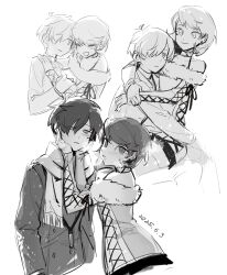 1boy 1girl blush carrying choker cross-laced_clothes cross-laced_sleeves fur-trimmed_sweater fur_trim hand_on_another&#039;s_face highres looking_at_another multiple_views persona persona_3 rrrrrrrrrrrou1 scar sitting sitting_on_lap sitting_on_person smile sweater swept_bangs takeba_yukari winter_clothes yuuki_makoto_(persona_3)