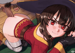 1boy 1girl all_fours anal artist_name asymmetrical_legwear bandaged_leg bandages black_gloves black_hat black_panties black_thighhighs blush boots brown_boots brown_hair closed_mouth clothed_sex dress drooling fingerless_gloves gloves green_eyes hat hetero highres interlocked_fingers kono_subarashii_sekai_ni_shukufuku_wo! long_sleeves looking_at_viewer male_pubic_hair megumin mismatched_legwear mouth_drool own_hands_together panties panty_pull penis pubic_hair red_dress red_eyes satou_kazuma sex sex_from_behind single_thighhigh smug solo_focus speech_bubble sunna_(nilsunna) testicles thighhighs uncensored underwear v-shaped_eyebrows wooden_floor