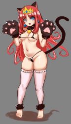 1girl :d animal_ears animal_hands ankle_garter awesomeerix bare_shoulders barefoot bikini black_bikini black_collar black_gloves blue_eyes blush_stickers breasts cat_ears cat_tail claws cleavage collar crown earrings eyelashes fake_animal_ears fake_tail fang full_body fur-trimmed_collar fur-trimmed_gloves fur_trim gloves grey_background groin hands_up happy highres jewelry leggings legs_apart long_hair looking_at_viewer mario_(series) medium_breasts navel nintendo open_mouth oral paw_gloves pink_hair pink_leggings princess princess_shokora shadow simple_background skindentation smile solo stomach string_bikini swimsuit tail tiptoes wario_land wario_land_4
