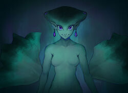 Rule 34 | 1girl, blue background, collarbone, earrings, facing viewer, fins, fish girl, head fins, highres, jewelry, looking at viewer, luisa rafidi, nintendo, princess ruto, purple eyes, smile, solo, the legend of zelda, the legend of zelda: ocarina of time, upper body, zora