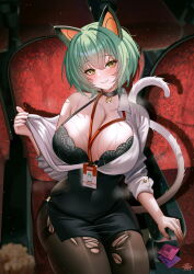 1girl absurdres admiral_nakhimov_(azur_lane) alternate_costume animal_ears azur_lane black_bra black_choker black_pantyhose black_skirt blush bra breasts cat_ears cat_girl cat_tail choker covered_navel green_hair highres huge_breasts id_card lanyard looking_at_viewer office_lady open_clothes open_shirt pantyhose pencil_skirt shirt shirt_tucked_in short_hair skirt smile tail tansuan_(ensj3875) tight_clothes torn_clothes torn_pantyhose underwear white_shirt yellow_eyes