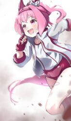 Rule 34 | 1girl, :d, animal ears, bandaid, bandaid on leg, blush, bow, breasts, buruma, commentary, ear ribbon, english commentary, fingerless gloves, gloves, gym uniform, hairband, haru urara (umamusume), highres, horse ears, horse girl, horse tail, jacket, long hair, long sleeves, open mouth, pink buruma, pink eyes, pink gloves, pink hair, pink hairband, ponytail, running, saabyboi, shirt, short hair, small breasts, smile, solo, tail, track jacket, umamusume, white jacket, white shirt