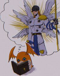 Rule 34 | 1boy, angemon, bible (object), blue eyes, bodysuit, book, digimon, digimon (creature), ghoulalagoon, grey background, head wings, highres, holding, holding staff, image in thought bubble, male focus, multiple wings, open book, orange fur, patamon, reading, staff, white bodysuit, white wings, wings