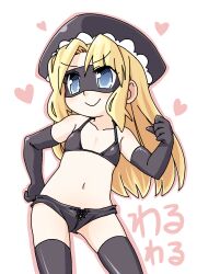 &gt;:) 1girl artist_request bare_shoulders bikini bikini_top_only black_bikini black_gloves black_hat black_shorts black_thighhighs blonde_hair blue_eyes closed_mouth collarbone elbow_gloves eye_mask flat_chest futaba_channel gloves groin hand_on_own_hip hand_up hat heart jaggy_lines legs_apart long_hair micro_shorts navel nijiura_maids outline pink_outline shorts simple_background smile solo standing swimsuit thighhighs third-party_source v-shaped_eyebrows warui_(nijiura_maids) white_background
