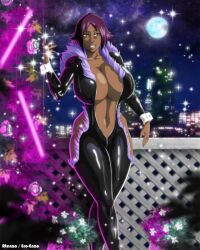 1girl alternate_breast_size_(larger) artist_name bleach breasts cleavage dark-skinned_female dark_skin female_focus full_moon highres huge_breasts moon navel rtenzo shihouin_yoruichi solo