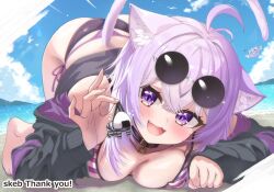 1girl 1other ahoge animal_ear_fluff animal_ears bikini breasts cat_ears cat_girl cat_tail collar collarbone commentary commission eyewear_on_head fang highres hololive large_breasts mato_(mato_77777) nekomata_okayu onigirya_(nekomata_okayu) purple_eyes purple_hair round_eyewear side-tie_bikini_bottom sidelocks skeb_commission sleeves_past_wrists swimsuit tail thank_you