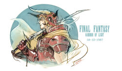 Rule 34 | 1987, 1boy, armor, cape, character name, copyright name, cropped arms, cropped torso, diana mercolini, fake horns, final fantasy, final fantasy i, from side, helmet, holding, holding sword, holding weapon, horned helmet, horns, male focus, medium hair, official alternate color, over shoulder, profile, red armor, red helmet, spiked armor, sword, timestamp, warrior of light (ff1), weapon, weapon over shoulder, white hair, yellow cape