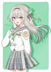 1girl absurdres black_hairband blue_eyes blue_pupils bow bowtie colored_skin commentary_request cowboy_shot dated firefly_(honkai:_star_rail) firefly_(spring_missive)_(honkai:_star_rail) green_bow green_bowtie grey_hair grey_sailor_collar grey_skin hairband highres honkai:_star_rail honkai_(series) lilipon long_hair long_sleeves looking_at_viewer looking_to_the_side multicolored_eyes official_alternate_costume open_mouth plaid_clothes plaid_skirt pleated_skirt purple_eyes sailor_collar school_uniform shirt signature skirt solo twitter_username two-tone_eyes white_shirt