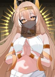 1girl absurdres ahoge ancient_egyptian_clothes animal_ears armlet bracelet brown_eyes brown_hair closed_mouth commentary cropped_shirt crossed_bangs double-parted_bangs hair_between_eyes halo halter_shirt halterneck hana20000920 headband hieroglyphics highres hololive hololive_english jewelry long_hair looking_at_viewer midriff mouth_veil multicolored_hair nanashi_mumei navel own_hands_together shirt smile solo straight-on streaked_hair symbol-only_commentary veil very_long_hair virtual_youtuber white_shirt