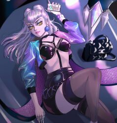 1girl absurdres black_skirt breasts cropped_jacket demon_girl evelynn_(league_of_legends) glint highres jacket k/da_(league_of_legends) k/da_all_out_evelynn league_of_legends lolninee long_hair looking_at_viewer lying medium_breasts on_back open_clothes open_jacket skirt solo white_hair yellow_eyes