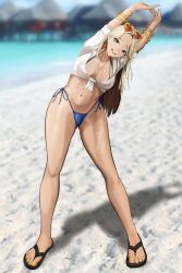 Rule 34 | 1girl, absurdres, arms up, bandaid, bandaid on face, bandaid on nose, beach, bikini, blonde hair, blue bikini, bracelet, breasts, centi (nikke), centi (ocean repair) (nikke), flip-flops, goddess of victory: nikke, heart, heart-shaped eyewear, highres, jewelry, large breasts, long hair, micro bikini, midriff, nail polish, navel, ocean, sandals, see-through clothes, see-through shirt, shirt, side-tie bikini bottom, stretching, swimsuit, tan, tanline, tied shirt, toenail polish, toenails, white shirt, yahaagiii