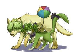 :3 animal_ear_fluff animalization balloon black_bow black_bowtie blonde_hair boom_balloon_flower bow bowtie cat chain claws closed_mouth commentary covered_eyes fangs food-themed_hair green_hair hair_over_eyes headbutter_lettuce medium_hair multicolored_hair open_mouth plants_vs._zombies plants_vs._zombies_2 shadow simple_background smile streaked_hair symbol-only_commentary tail tail_bow tail_ornament tongue twintails two-tone_hair veghia white_background wolf