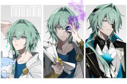 1boy age_progression anaxa_(honkai:_star_rail) arm_guards black_coat blue_eyes blue_shirt border coat dromas_(honkai:_star_rail) eyepatch gold_blood green_hair grey_background grimace hand_on_own_face highres honkai:_star_rail honkai_(series) jacket male_focus multicolored_eyes oo_1y pink_eyes serious shirt stuffed_dinosaur twitter_username two-tone_eyes watermark white_background white_jacket yellow_eyes