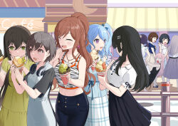 Rule 34 | 463 jun, 6+girls, absurdres, bang dream!, bang dream! it&#039;s mygo!!!!!, black hair, black skirt, blue dress, blue hair, blue pants, blush, brown eyes, brown hair, chihaya anon, chinese commentary, closed eyes, commentary request, dress, earrings, food, food on face, futaba tsukushi, green dress, grey hair, half updo, hanazono tae, hand up, hazawa tsugumi, headphones, headphones around neck, highres, ice cream, imai lisa, jewelry, matsubara kanon, midriff, minato yukina, multiple girls, navel, one eye closed, open mouth, pants, pink hair, purple eyes, shirokane rinko, shirt, short sleeves, skirt, takamatsu tomori, tank top, twintails, ushigome rimi, white shirt, white tank top