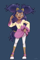 1girl big_hair blue_background bow bow_skirt brown_eyes child clenched_hands collarbone dark-skinned_female dark_skin eyelashes female_focus flat_chest full_body gym_leader hair_ornament hand_on_own_hip hand_up happy heel_up highres iris_(pokemon) kijouyu knees leggings leggings_under_skirt legs long_hair long_sleeves low-tied_long_hair nintendo no_socks open_mouth parted_bangs pigeon-toed pokemon pokemon_bw purple_hair shoes signature simple_background skirt sneakers standing very_long_hair white_leggings wide_sleeves