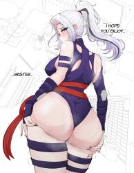 1girl absurdres arm_strap ass asymmetrical_gloves bare_shoulders black_streaks blush breasts closed_mouth commentary commission cosplay curtained_hair curvy elbow_gloves english_commentary english_text fingerless_gloves from_behind gloves grabbing_own_ass high_ponytail highleg highleg_leotard highres huge_ass large_breasts leotard long_hair looking_at_viewer looking_back marvel marvel_rivals mayoa ponytail psylocke psylocke_(cosplay) purple_eyes purple_gloves purple_leotard purple_nails red_sash sash shiny_skin single_hair_streak solo steam superhero_costume thigh_strap thighs thong_leotard waist_sash white_background white_hair wide_hips x-men