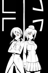 2girls breasts clenched_hands cross crossed_arms dress_shirt garrison_cap gertrud_barkhorn girls_und_panzer greyscale hair_between_eyes hat highres iron_cross jacket kuromorimine_military_uniform large_breasts long_hair long_sleeves looking_at_viewer medium_breasts military military_hat military_uniform miniskirt monochrome multiple_girls nishizumi_maho no_pants one_eye_covered orange_eyes oshimaru026 panties pleated_skirt pocket ribbon serious shirt short_hair skirt standing strike_witches twintails underwear world_witches_series
